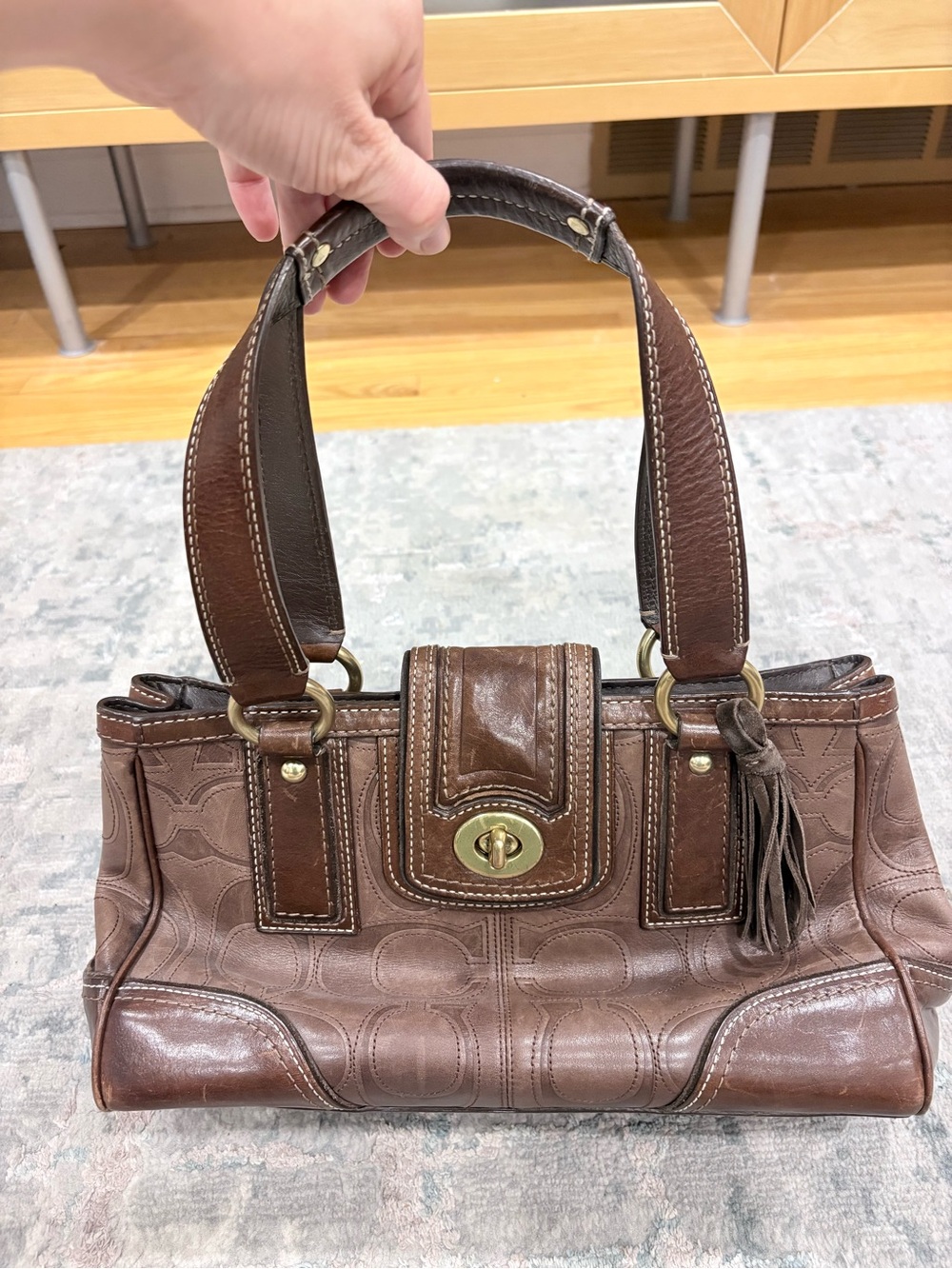Coach Brown Leather Signature Shoulder Bag with Tassel